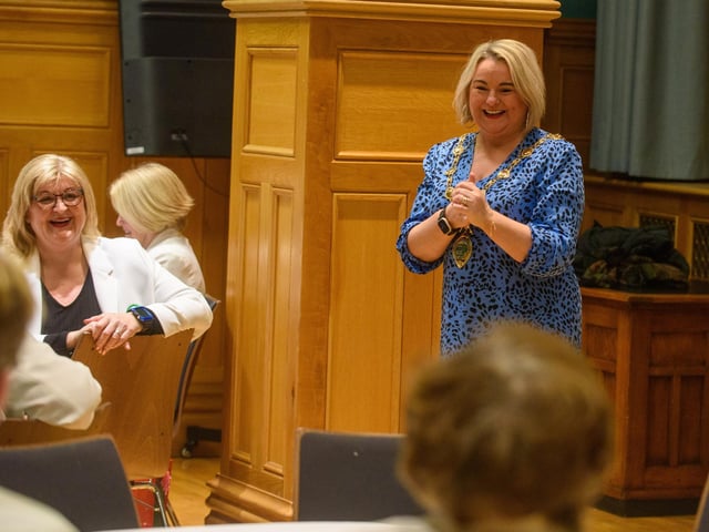 The Mayor Councillor Sandra Duffy welcomed the members of Colmcille Ladies Choir to a reception in the Guildhall as they mark their 50th Anniversary. Picture Martin McKeown. 20.01.23:.
