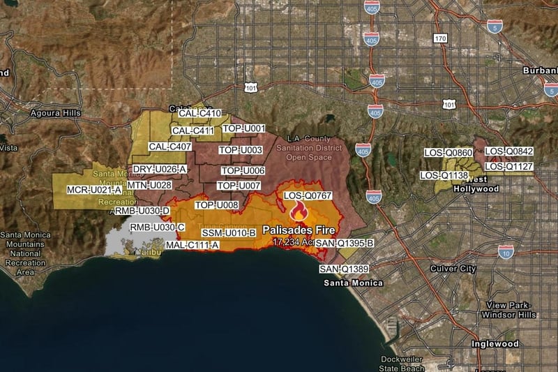 A map from the California Department of Forestry and Fire Protection showing the range of the wildfires in north west Los Angeles.