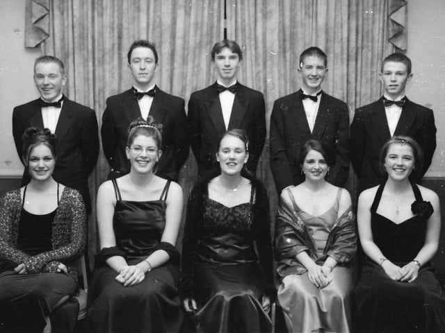 Front, from left, are Charmaine McChrystal, Helen O'Hare, Nora Herron, Linda Keys and Nathalie McErlane. Back, from left, are Christopher Glenn, Connor Doherty, Colm Kelpie, Danny Rigney and Chris Lynch at the St. Columb's College Annual Formal in November 1999.