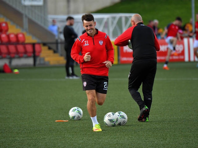 Derry City new signing Danny Mullen pictured during the warm up prior to the game against Sligo Rovers. Photo: George Sweeney. DER2327GS - 078
