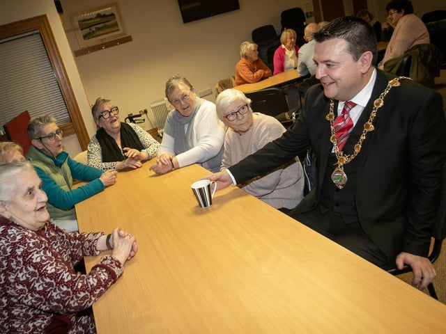 A chat and a nice cup of tea for Mayor McHugh at the  Rathmor Women's 50+ Club on Tuesday. : Mayor visits Rathmore 50+ Women's Club.