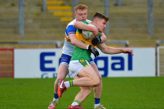 Errigal Ciaran’s Peter Og McCartan grapples with Ethan Doherty of Glen during the Ulster Senior Club Championship quarter- final in Celtic Part on Sunday afternoon last. Photo: George Sweeney.  DER2246GS – 021