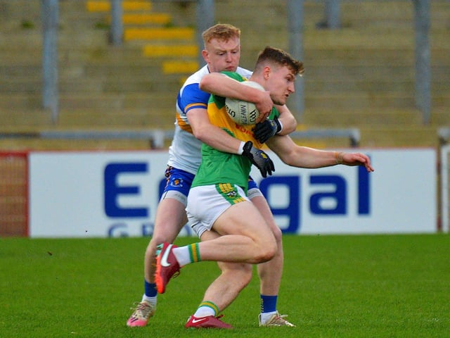 Errigal Ciaran’s Peter Og McCartan grapples with Ethan Doherty of Glen during the Ulster Senior Club Championship quarter- final in Celtic Part on Sunday afternoon last. Photo: George Sweeney. DER2246GS – 021