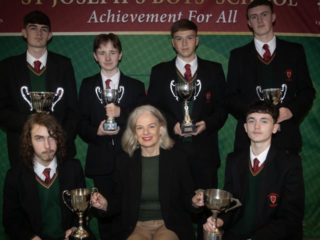 Mrs. Fiona Harrigan-Stewart, Vice Principal, St. Joseph's Boys School pictured with Year 11 Class Award winners at Thursday's Prizegiving. Front from left, Liam Dornan and Benn Tibbetts. Back from left, Elliot Shiels, Logan Roddy, Niall Starrs and Kian Fitzpatrick. (Photos: Jim McCafferty Photography) : .