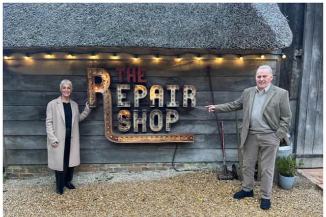 Catherine Bradley with her father Jackie McGuinness during filming with the Repair Shop.