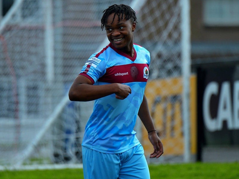 August 2023: Institute’s Mark Mbuli celebrates his first half goal against Newington at the Brandywell as Kevin Deery's team get off to a great start in the Playr-Fit Championship. Photograph: George Sweeney.