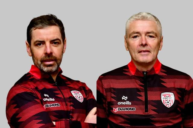 Derry City manager Tiernan Lynch and his assistant and brother Seamus.