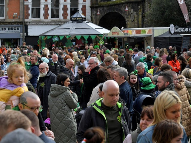 Some of the large attendance in Guildhall Square for Derry’s St Patrick’s Day activities. Photo: George Sweeney. DER2311GS – 33