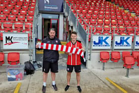 Derry City boss Ruaidhri Higgins pictured with new signing, former Partick Thistle striker Danny Mullen at Brandywell.