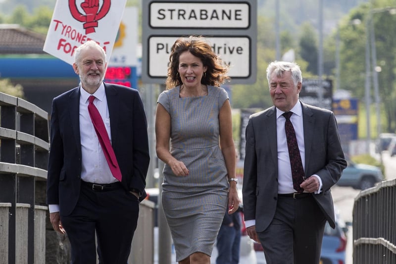 The late Tony Lloyd with the then Labour leader Jeremy Corbyn and Professor Deirdre Heenan during a visit to Lifford Bridge in 2018. Liam McBurney/PA Wire