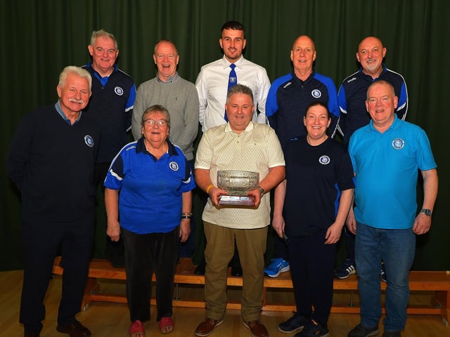 Hall of Fame recipient, Martin Begley, with members of the management board at the Trojans FC annual Youth Presentation held in St Cecilia's College. Photo: George Sweeney