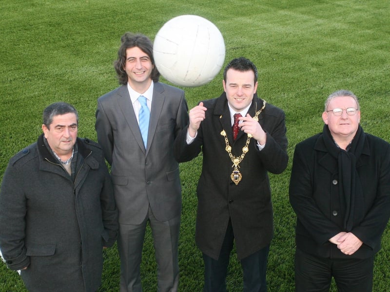 The Mayor of Derry, Councillor Colum Eastwood pictured at the new 3G playing fields at Leafair Park. Also in photo, from left, Peter McDonald, co-ordinator, Leafair Community Association, Paul McNaught, representative, DSD and Councillor Tony Hassan. 2501JM09