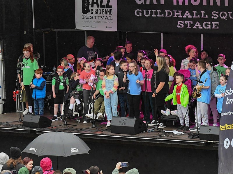 Ardnashee School Choir and Band on stage in Guildhall Square. Photo: George Sweeney