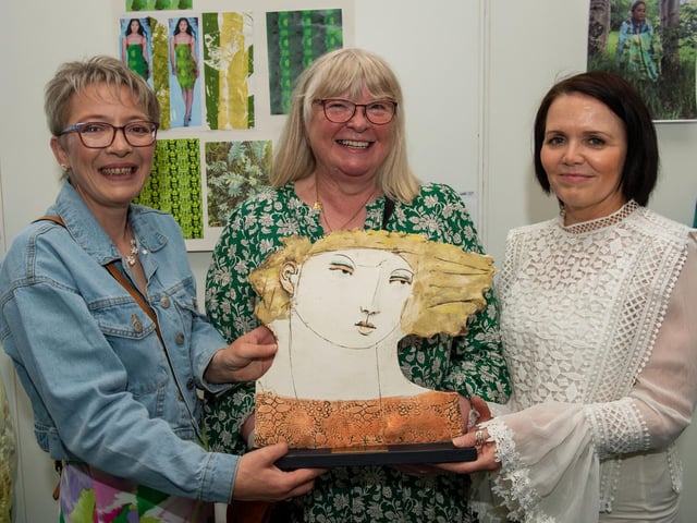Elizabeth McGarrigle, Cathy Mullan, and Sinead McGarrigle pictured at North West Regional College’s Art and Design Showcase at the Lawrence Building on Strand Road.