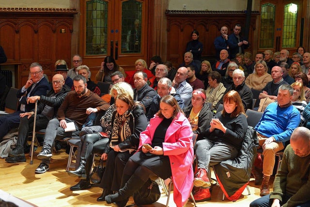 Some of the attendance at a public meeting held in the Guildhall on Wednesday evening opposing the proposed cuts to jobs and services at BBC Radio Foyle.  George Sweeney. DER2301GS – 20