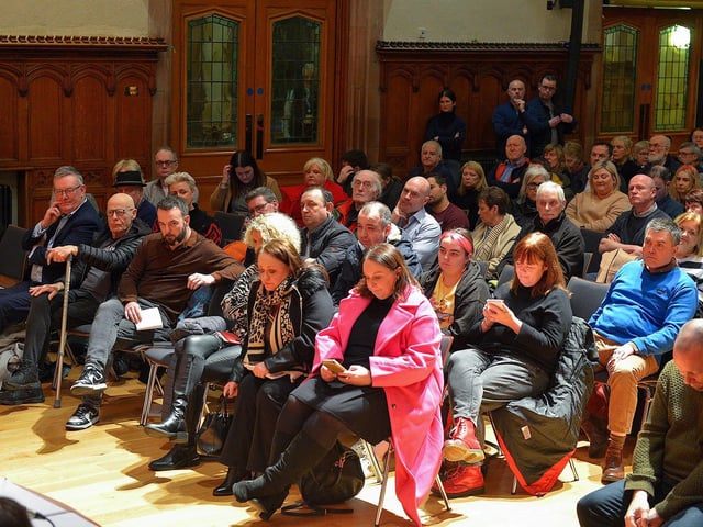 Some of the attendance at a public meeting held in the Guildhall on Wednesday evening opposing the proposed cuts to jobs and services at BBC Radio Foyle.  George Sweeney. DER2301GS – 20