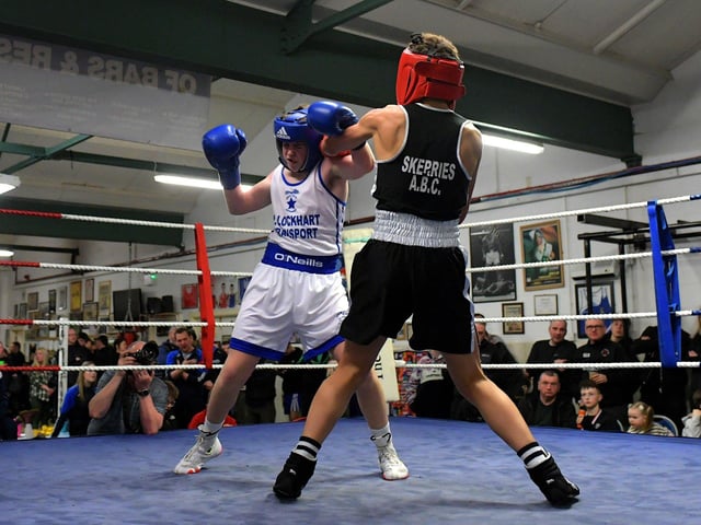 Alfie Duddy, Star of the Sea, left, boxing Skerries’ Sean Hughes.  Photo: George Sweeney