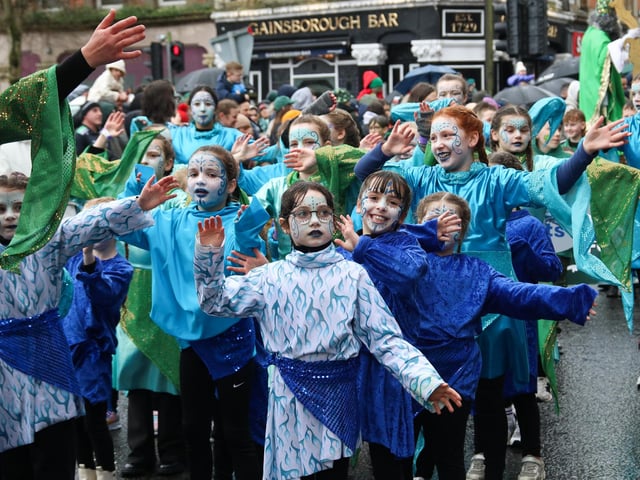 Dancers taking part in the St. Patrick’s Day Parade as it reaches the Guildhall. (Photo - Deirdre Heaney, nwpresspics)
