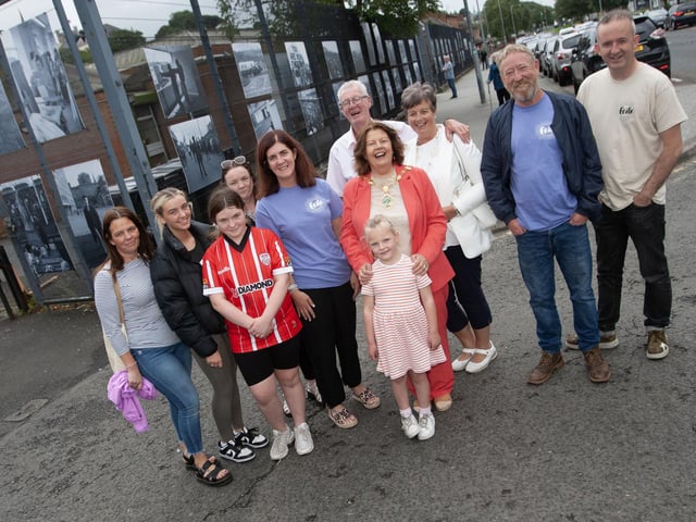 FÉILE 23 OPENING EVENT. . . .The Mayor of Derry City and Strabane District Council, Patricia Logue pictured at Friday's first event at Féile 23 - the Camerawork Darkrooms exhibition ‘Picture This – A Camerawork Retrospective’ outside Pilot's Row Centre. Included are Féile directors, organisers and families of those in some of the photos. (Photos: JIm McCafferty Photography)