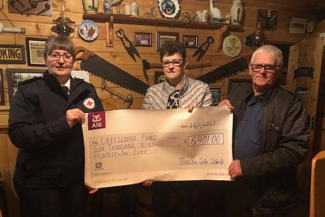 Martha and John Steele present the cheque to Carmel Clingain of Muff Red Cross.