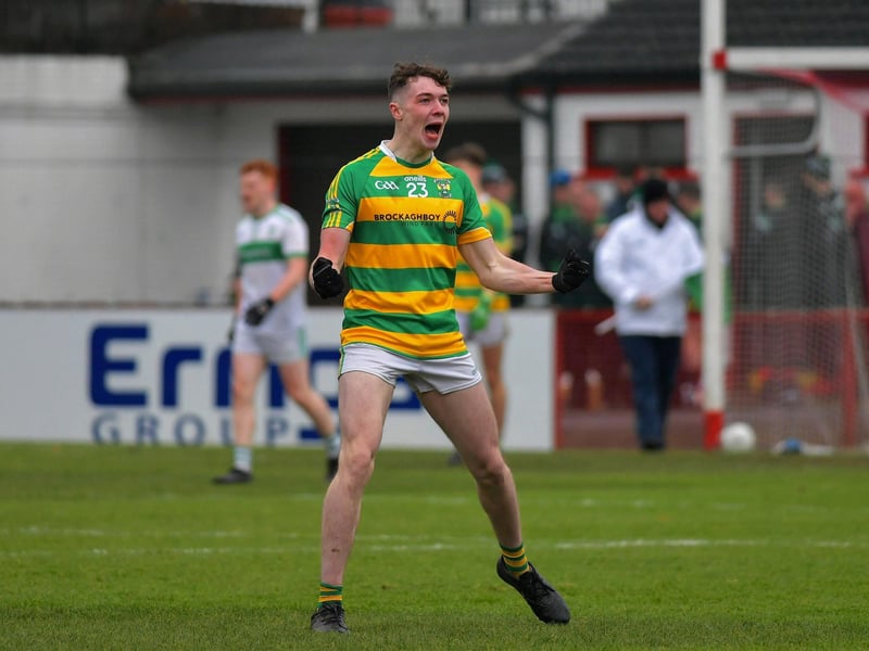 November 2023, Glenullin ‘s Eoin McIlvar celebrates scoring a goal against Con Magees as Glenullin make the Ulster semi-finals before bowing out. Photo: George Sweeney