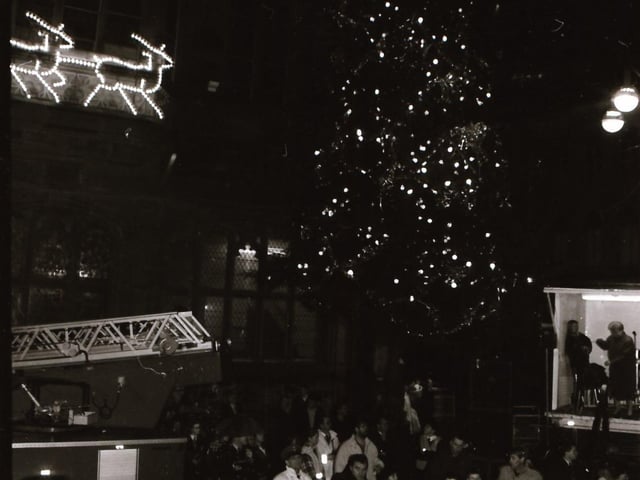 Santa, with help from TV Gladiator Falcon, also known as Bernadette Hunt, switched on the Derry Christmas lights.