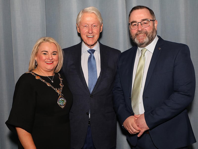 The Mayor of Derry City and Strabane District Council, Colr. Sandra Duffy, with her husband Kevin, welcoming President Bill Clinton to the city on Tuesday.