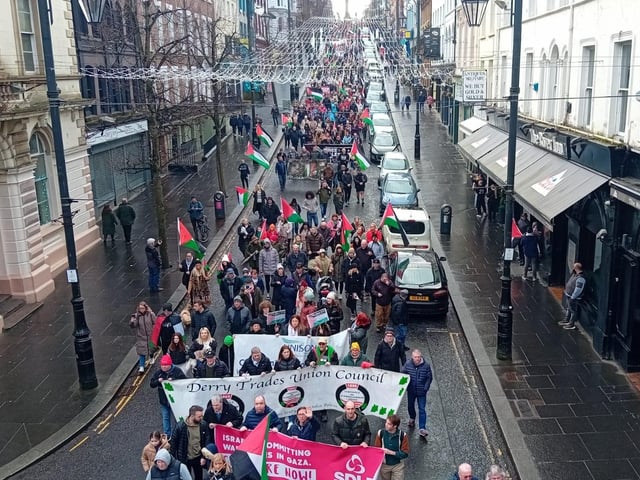 Thousands participate in Derry rally for Palestine calling for a ceasefire in Gaza on January 13, 2024
