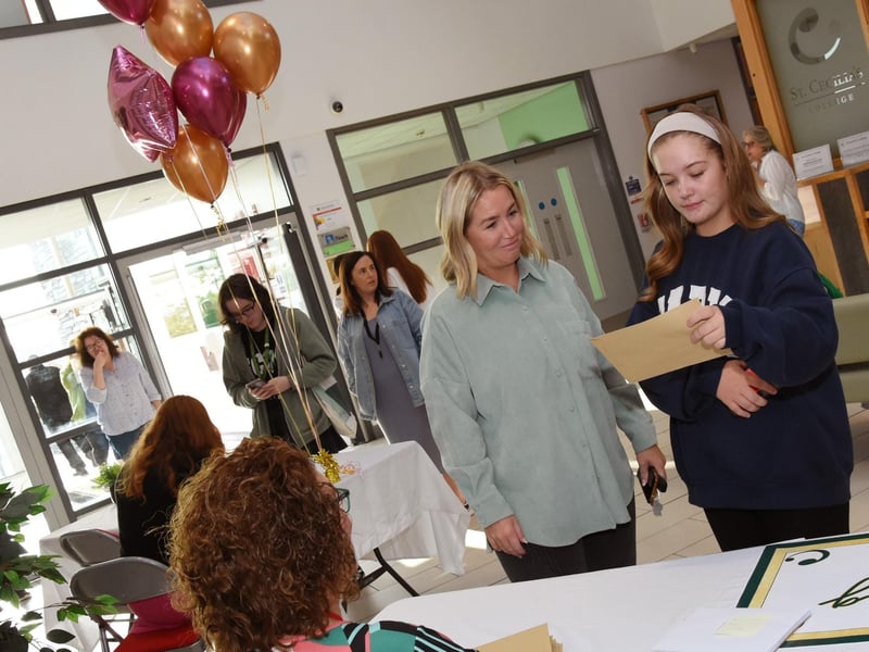 Pupils at St. Cecilia's College receiving their GCSE results on Thursday.