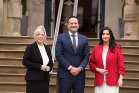 First Minister Michelle O'Neill and Deputy First Minister Emma Little-Pengelly and Taoiseach Leo Varadkar at Stormont Castle