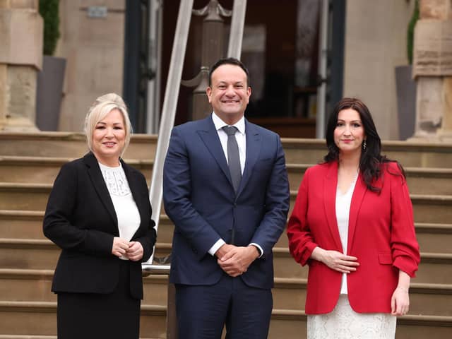 First Minister Michelle O'Neill and Deputy First Minister Emma Little-Pengelly and Taoiseach Leo Varadkar at Stormont Castle