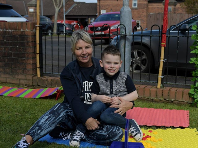 Dara Nixon with his grand mum Martina Cassidy at the launch of the District of Hope at Farland Way, Hazelbank, on Tuesday afternoon last. Photo: George Sweeney