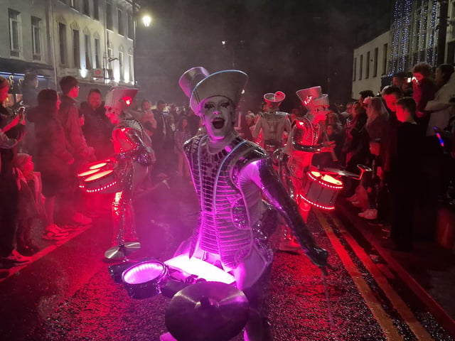The amazing colourful drum band Spark! performing during Derry Halloween 2024.