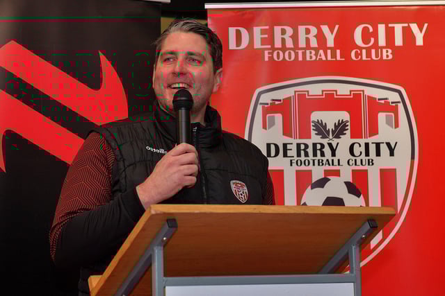 Derry City manager Ruaidhrí Higgins speaking at the launch of Derry City’s 2024 home shirt at O’Neill’s superstore on Wednesday evening. Photo: George Sweeney