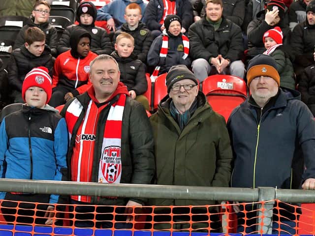 Derry City fans at the Ryan McBride Brandywell Stadium for the game against Dundalk on Friday evening last. Photo: George Sweeney. DER2310GS – 046