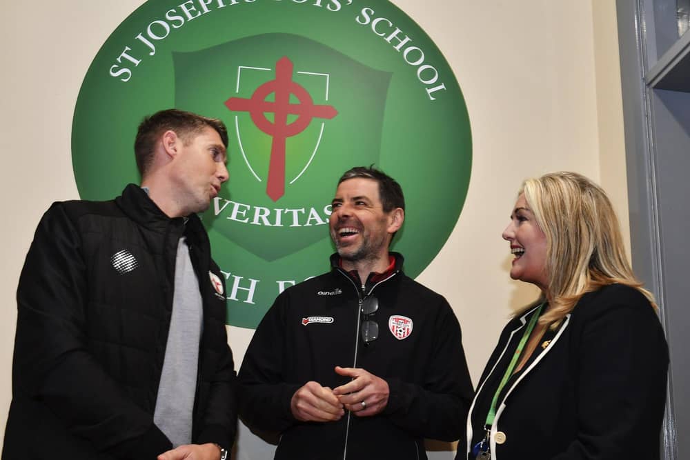 Danny Harrison, Steven Gerard Academy, Derry City manager Tiernan Lynch and principal of St Joseph’s Boy’s School Ciara Deane pictured at the launch of Derry City’s Scholarship program school. Photo: George Sweeney