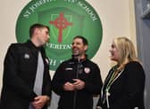 Danny Harrison, Steven Gerard Academy, Derry City manager Tiernan Lynch and principal of St Joseph’s Boy’s School Ciara Deane pictured at the launch of Derry City’s Scholarship program school. Photo: George Sweeney
