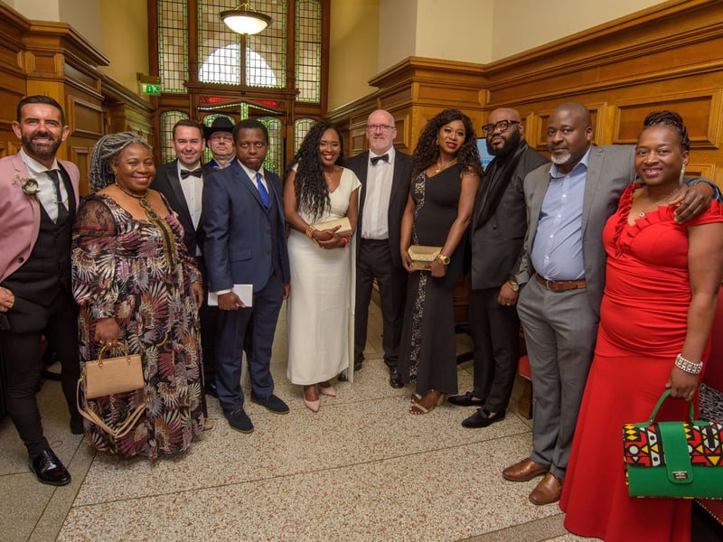 The Mayor Councillor Patricia Logue hosted the annual Mayor’s Ball in the Guildhall in aid of her crossed Charities the Foyle Hospice and Ryan McBride Foundation. Pictured at the event are Councillor Lilian Seenoi-Barr and guests with Michael Doherty, Compere. Picture Martin McKeown. 24.05.24