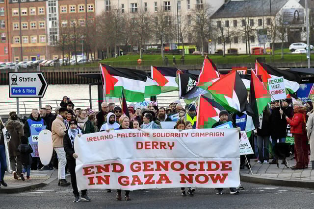 The pro-Palestinian solidarity march leaves the Waterside Transport Hub on Saturday afternoon.  Photo: George Sweeney