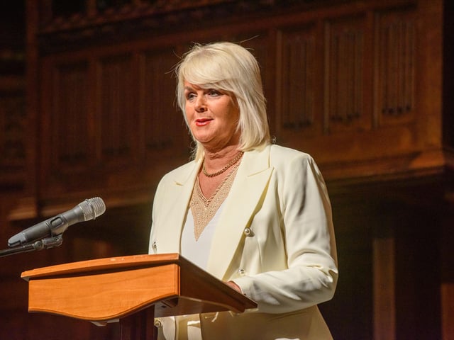 The Mayor Councillor Sandra Duffy hosted an evening to mark International Womens Day in the Guildhall which included a performance by Colmcille Ladies Choir, an address by Mary Keogh and a comical speech by Charmaine O’Donnell compered by Jeananne Craig. Picture Martin McKeown. 08.03.2