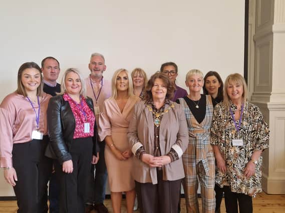 Speakers at the La Dolce Vida Domestic Abuse Conference in the Verbal Arts Centre, including Donna-Maria Bradley, founder of La Dolce Vida and Mayor of Derry City and Strabane District, Councillor Patricia Logue.