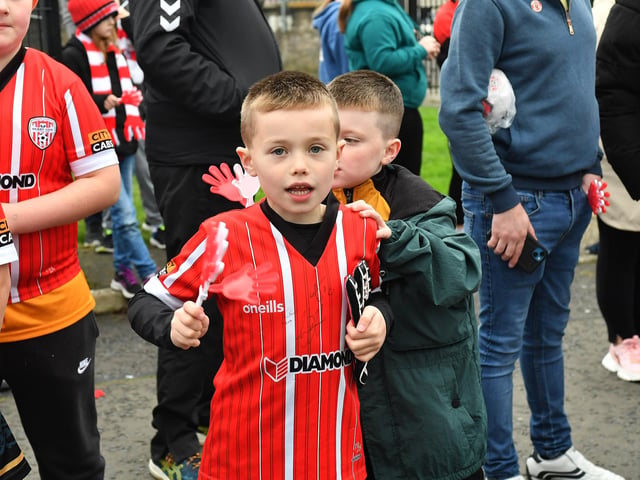 Derry City fans at the Brandywell Stadium on Saturday morning prior to the team’s departure for Dublin ahead of Sunday’s FAI Cup Final against Drogheda United. Photograph: George Sweeney