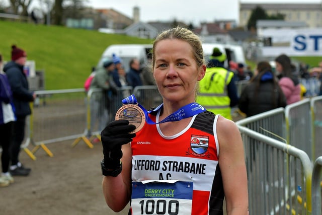 Claire McGuigan, Lifford Strabane AC, was the first female across the line, in a time of 58 minutes 56 seconds in the Bentley Group Derry 10 Miler road race on Saturday morning. Photo: George Sweeney. DER2310GS – 114