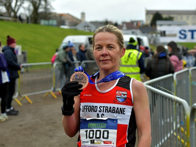 Claire McGuigan, Lifford Strabane AC, was the first female across the line, in a time of 58 minutes 56 seconds in the Bentley Group Derry 10 Miler road race on Saturday morning. Photo: George Sweeney. DER2310GS – 114