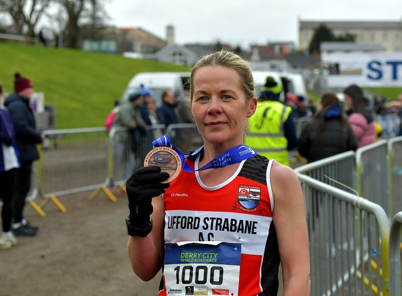 Claire McGuigan, Lifford Strabane AC, was the first female across the line, in a time of 58 minutes 56 seconds in the Bentley Group Derry 10 Miler road race on Saturday morning. Photo: George Sweeney. DER2310GS – 114