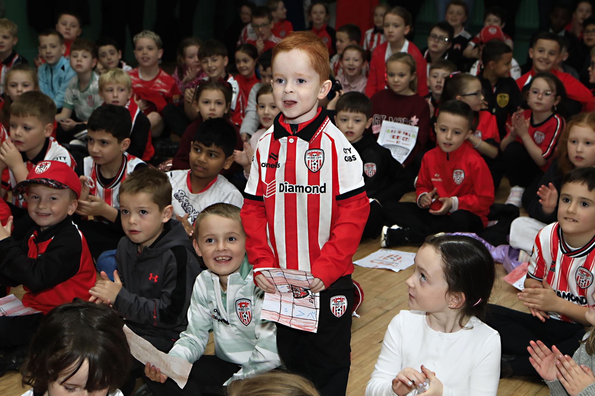 DCFC pre-Cup final visit to Longtower PS Patrick McClean and Tyler Smith.  (Photo - Tom Heaney, nwpresspics)
