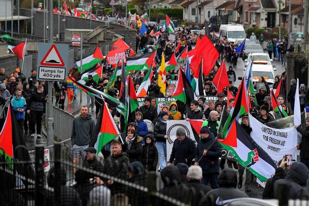 The Bloody Sunday 52nd commemoration march makes it way along Lone Moor Road towards the Brandywell on Sunday afternoon. Photo: George Sweeney