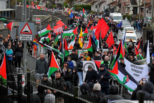 The Bloody Sunday 52nd commemoration march makes it way along Lone Moor Road towards the Brandywell on Sunday afternoon. Photo: George Sweeney