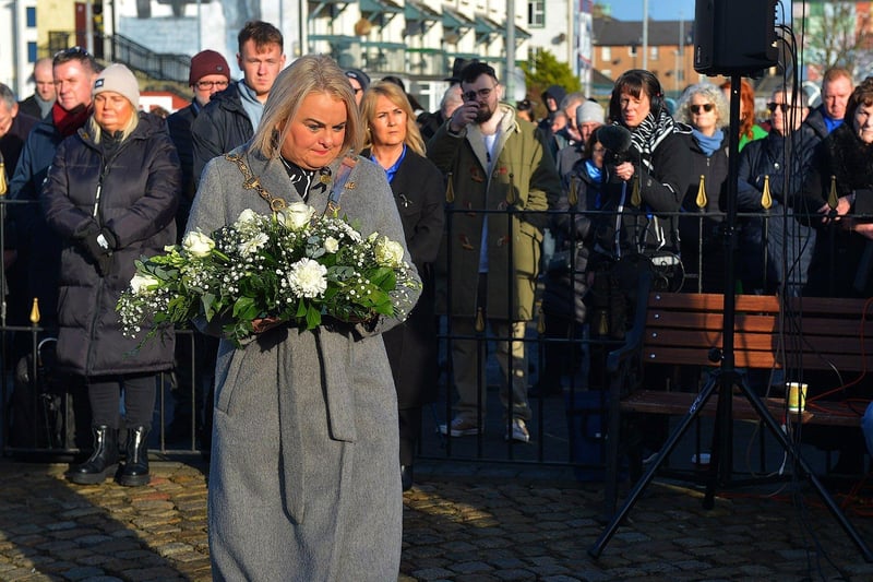 Mayor Sandra Duffy placed a wreath during the Annual Bloody Sunday Remembrance Service held at the monument in Rossville Street on Sunday morning.  Photo: George Sweeney. DER2306GS – 18