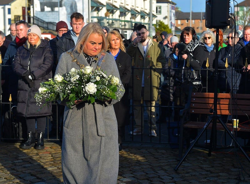 Mayor Sandra Duffy placed a wreath during the Annual Bloody Sunday Remembrance Service held at the monument in Rossville Street on Sunday morning.  Photo: George Sweeney. DER2306GS – 18